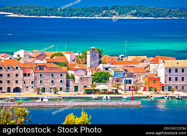 Island of Krapanj village aerial panoramic view, sea sponge harvesting village, Sibenik archipelago of Croatia