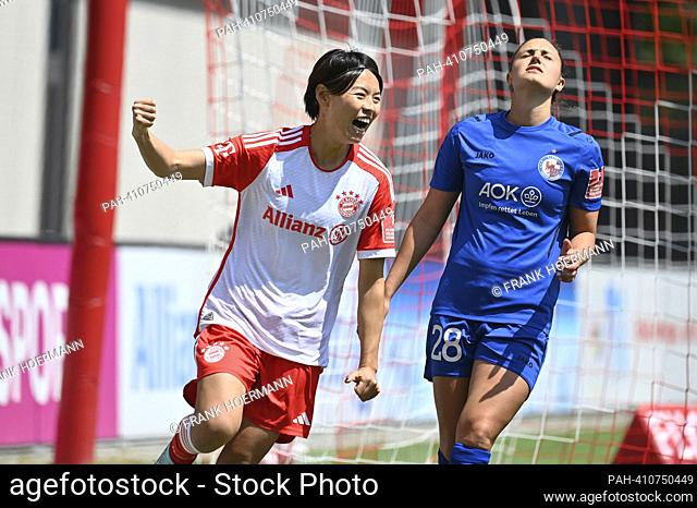goaljubel Saki KUMAGAI (FCB), jubilation, joy, enthusiasm, action.re:Adrijana MORI (Potsdam), action. Soccer Flyeralert Bundesliga women's season 2022/2023