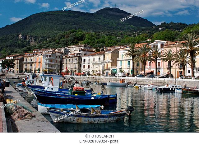 View of Scario harbour with small fishing boats moored, with town of Scario, and hills beyond, on sunny, summer morning