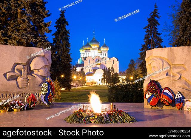 Yaroslavl, Russia - May 8, 2016: Night view of the Assumption cathedral and the war memorial in Yaroslavl, Russia. Golden Ring of Russia