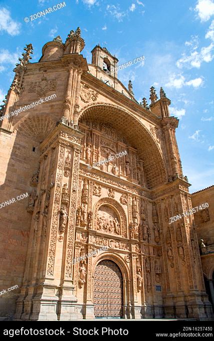 Iglesia del Convento de San Esteban church in Salamanca, Spain. Reredos-like facade of the monastery. Travel and tourism