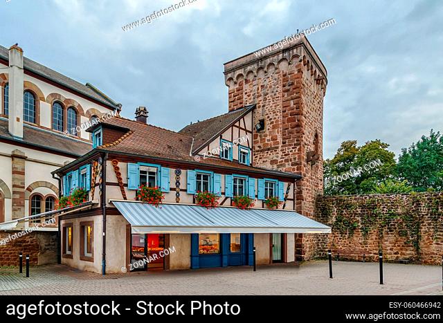 View of Defensive Wall and historical house in Obernai, Alsace, France
