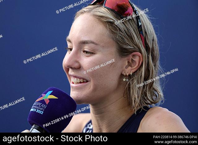 14 August 2022, Bavaria, Munich: European Championships, Triathlon, Relay, Mixed, at the Olympic Park. Emma Lombardi from France in the interview