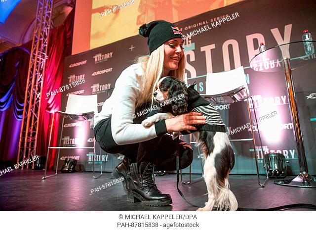 Lindsey Vonn of the US Ski team and her dog Lucy during a Eurosport press conference regarding the TV series ""Chasing History""