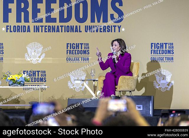 United States Vice President Kamala Harris speaks during her “Fight for Our Freedoms” college tour at Florida International University in Miami, Florida, USA