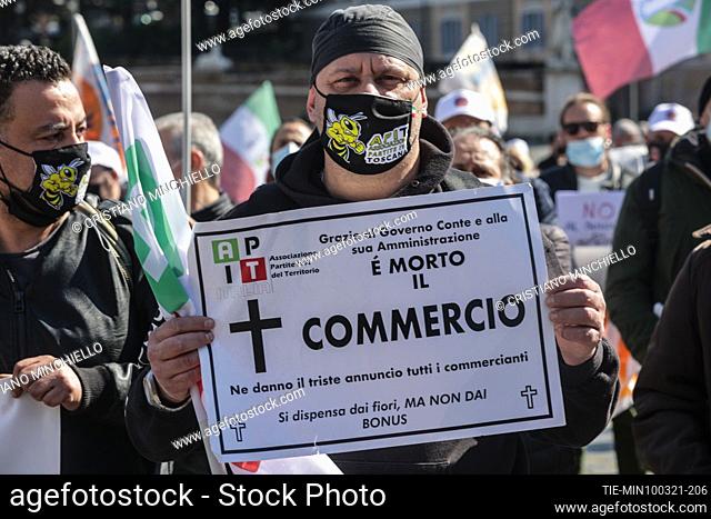 National demonstration of workers and business owners with VAT number in Piazza del Popolo. The protesters are asking the government of Premier Mario Draghi the...