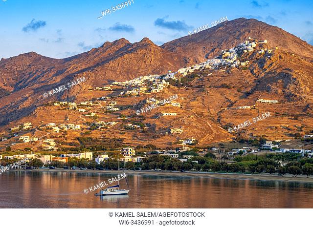 Livadi bay and view of Chora village, Serifos island, Cyclades, Greece