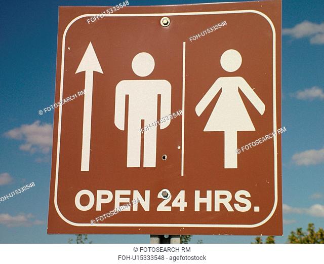 road signs, Public restrooms, open 24 hours, Rest Area