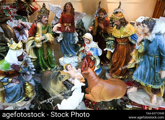 RUSSIA, YEKATERINBURG - DECEMBER 13, 2023: A gift shop offers Christmas decorations handmade by nuns at Alexander Nevsky Novo-Tikhvinsky Convent