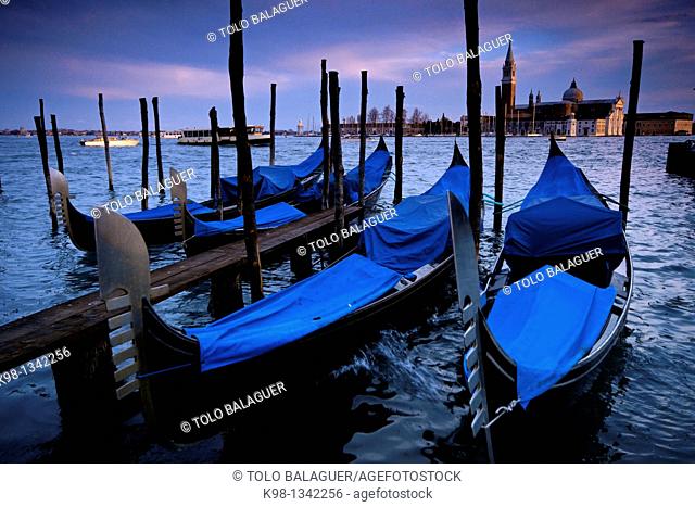 Gondolas in front of San Giorgio Maggiore Venice Veneto Italy