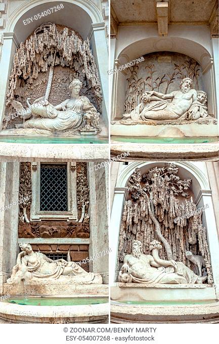 Four Fountains from Renaissance in Rome, Italy. Quirinale road and XX Settembre crossroad. figures representing rivers Tevere e Arno, and goddess Juno and Diana