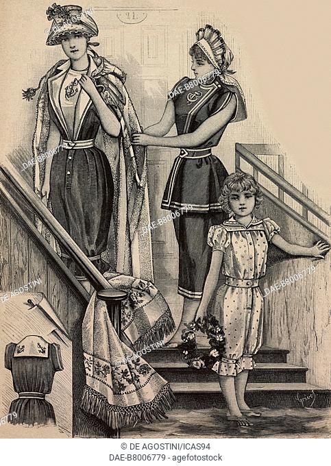 Fashion plate with a swimsuit and hat for ladies, a swimsuit for young women with a bonnet, and a swimsuit for 6 to 8-year-old girls