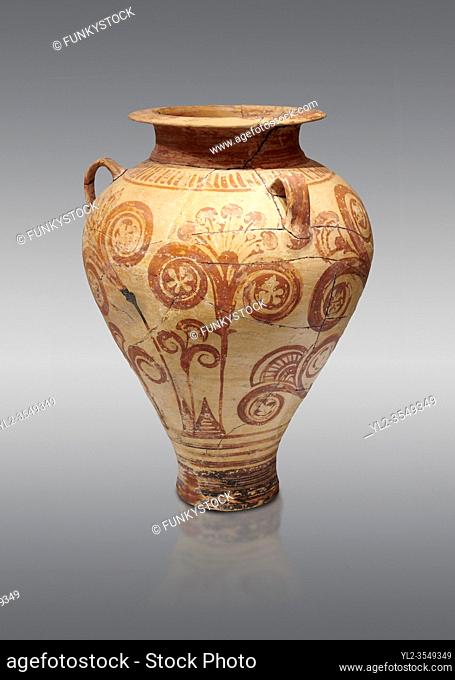 Minoan decorated pithos stirrup jar with floral design , Zafer Papoura 1400-1250 BC; Heraklion Archaeological Museum, grey background