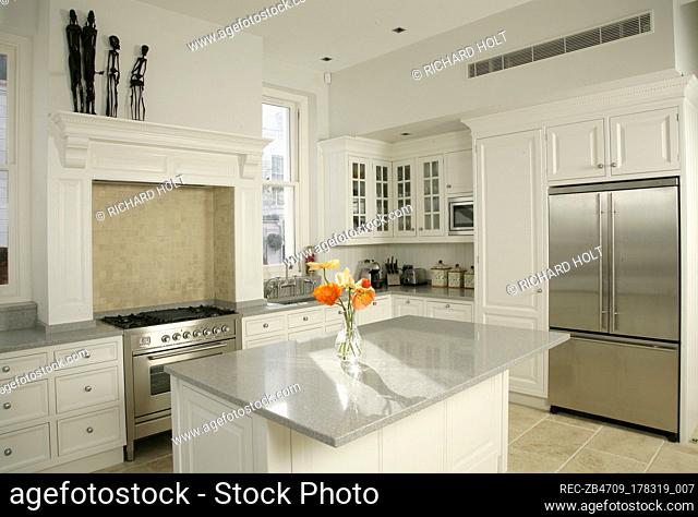 Modern kitchen with central island unit and white units