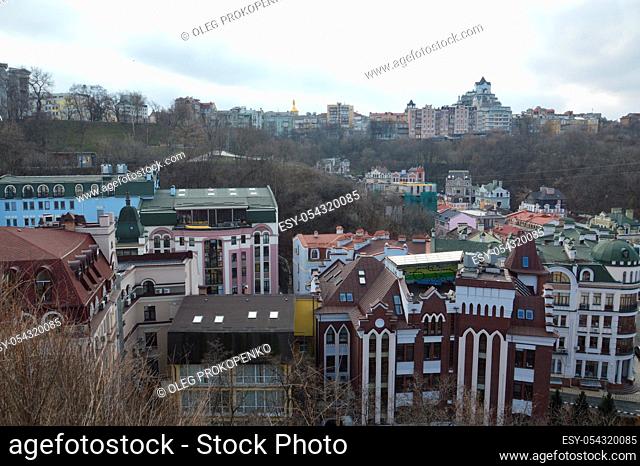 KIEV, UKRAINE - FEBRUARY 16, 2020: Panorama of the city and architecture of the Podil