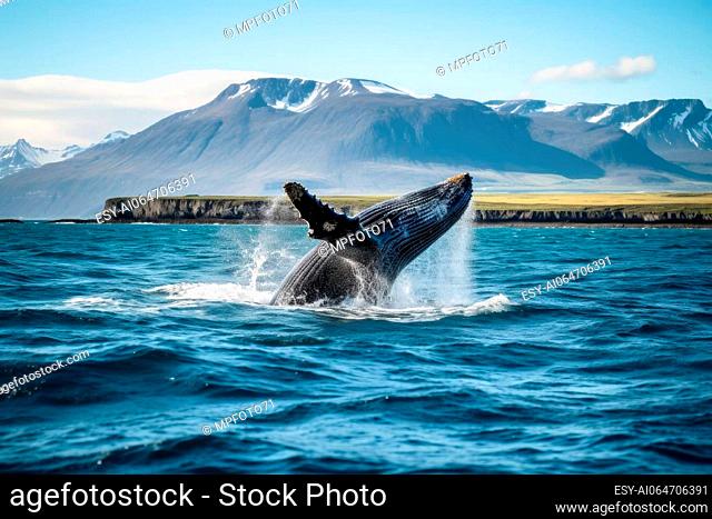 A big whale jumping half out of the water