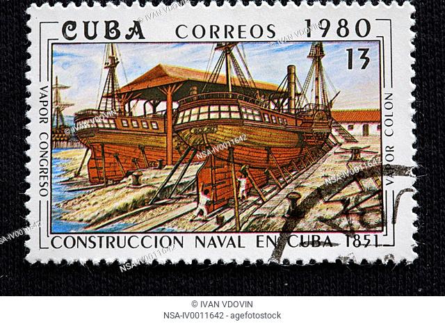 Ship construction in Cuba, 1851, postage stamp, Cuba, 1980