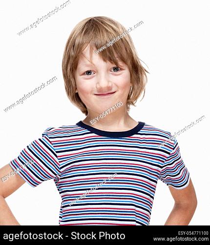 Portrait of a Boy with Blond Hair Looking Smiling - Isolated on White