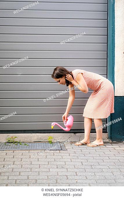 Woman watering plants with a flamingo can in an urban street