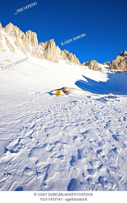 Winter campsite at Iceberg lake 12, 600 ft - 3850 m on mountaineers route on Mount Whitney, Sierra Nevada mountains, California