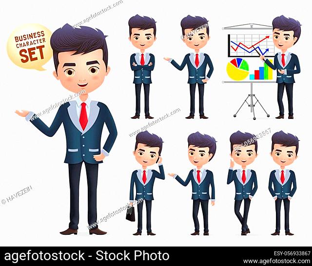 Male business vector character set. Businessman professional characters set happy talking and standing in different pose and gesture isolated in white...