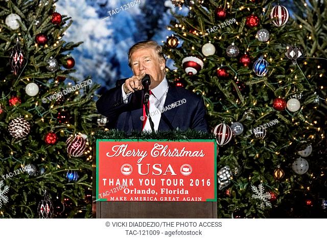 President Elect Donald Trump speakes to the crowd during his Thank You Tour on Friday December 16, 2016 at Central Florida Fair Gounds in Orlando, Florida