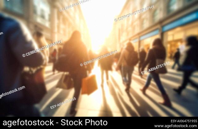 Busy shopping street in the city. Rush hour. Motion blurred crowd of shopping walking on busy fashion shop street. Crowd of people shoppers walking in the...
