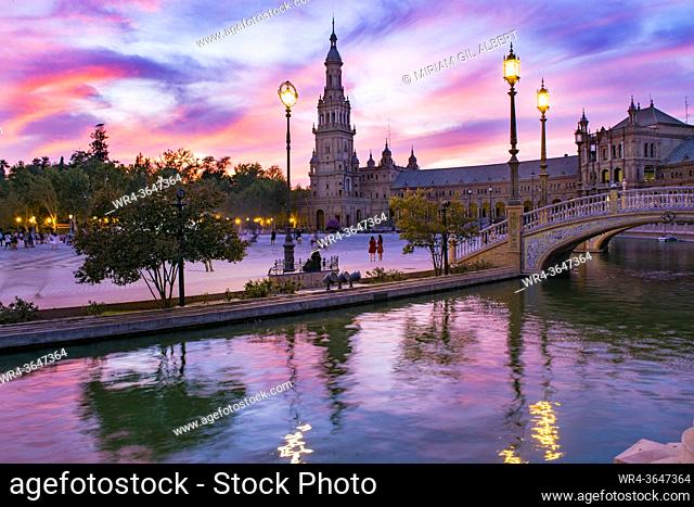 colorful sunset in the Plaza España in Seville, Andalusia, Spain