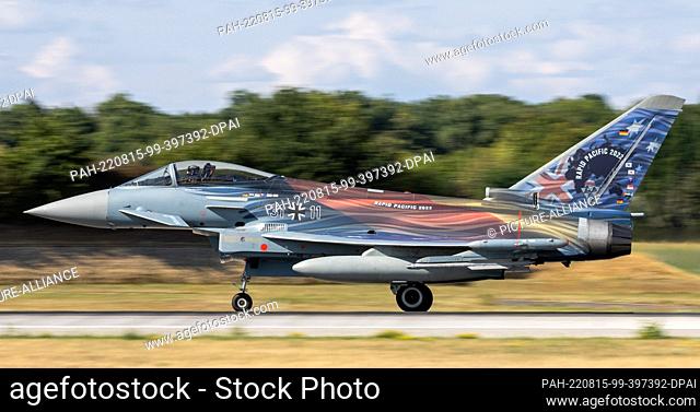 15 August 2022, Bavaria, Neuburg An Der Donau: A German Eurofighter with special ""Rapid Pacific 2022"" livery takes off from Neuburg Air Base