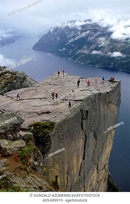 Preikestolen. Pulpit Rock. 600 meters over LyseFjord. Lyse Fjord, in Ryfylke district. Rogaland Region. It is the most popular hike in Stavanger area