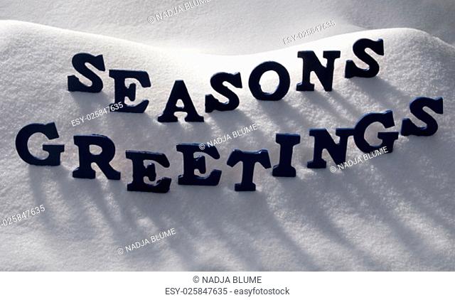 Blue Letters Building English Text Seasons Greetings On White Snow. Snowy Landscape Or Scenery. Christmas Card For Seasons Greetings Or Usable As Background