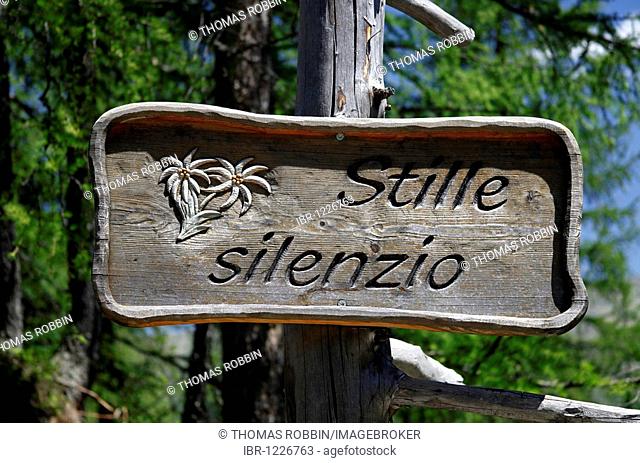 Sign asking for silence in the Rotwandwiese hiking area, Sesto, Dolomites, Alto Adige, Italy, Europe