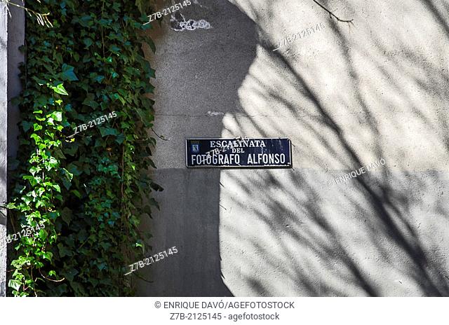 A street plate of a famous Spanish photographer near of the viaduct of Madrid, Spain