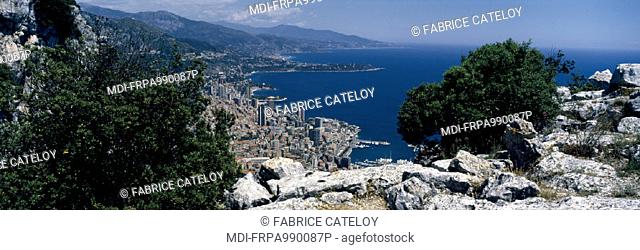Monaco - From the cliff on the road of the Tête de chien, after La Turbie, the Principality of Monaco and the coast