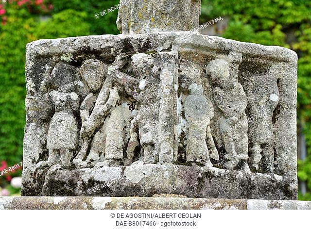 Jesus carrying the Cross, relief at the base of the Calvary on the square of Notre-Dame-de-la-Tronchaye Church, Rochefort-en-Terre, Brittany, France