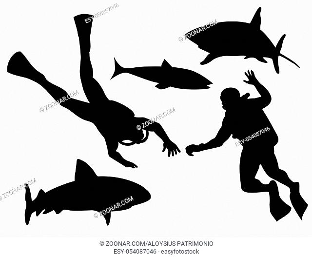 Illustration of a scuba divers and sharks silhouette swimming isolated on white background done in retro style