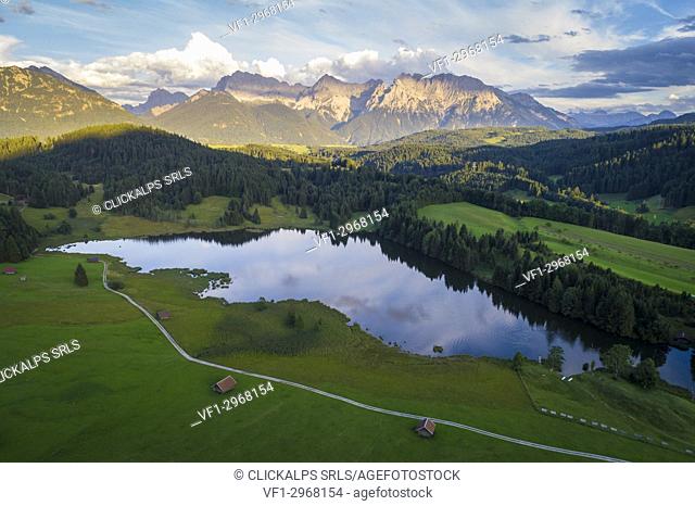 Aerial view of Geroldsee, Garmisch Partenkirchen, Bayern Alps, Germany