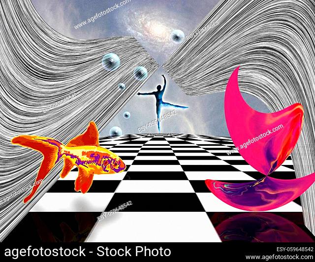 Surreal composition. Pink matter on chessboard, dancer and golden fish. 3D rendering