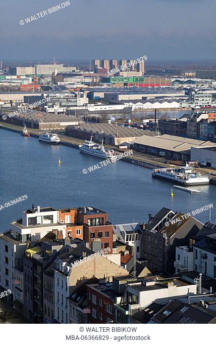 Belgium, Antwerp, elevated view of the newly renovated 't Eilandje docklands