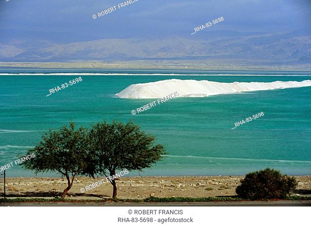 Mined sea salt at shallow south end of the Dead Sea near Ein Boqeq, Israel, Middle East