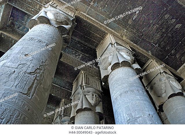 Egypt, Dendera, Ptolemaic temple of the goddess Hathor.View of an Hathoric capitol