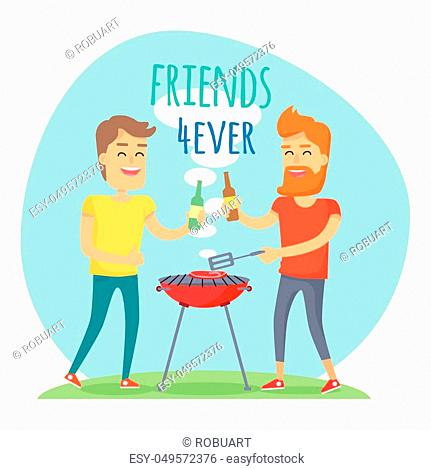 Friends forever has funny free time in cartoon style. Two man with drink  fried meat on barbecue in..., Vecteur de Stock, Vecteur et Image Low Budget  Royalty Free. Photo ESY-048001005 | agefotostock