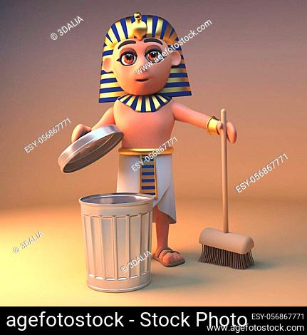 3d Egyptian Cleopatra Tutankhamun cartoon character cleaning with a broom and rubbish bin, 3d illustration render