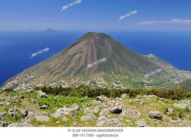 Volcano on Salina island, in the back Filicudi and Alicudi islands, Aeolian Islands, Sicily, southern Italy, Italy, Europe
