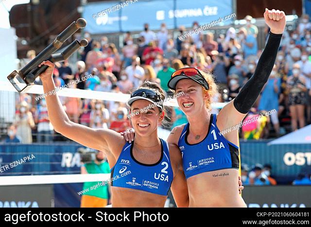 Sarah Sponcil, left, and Kelly Claes of USA celebrate winning the Ostrava Beach Open 2021 tournament, part of the Beach Volleyball World Tour match Jolana...
