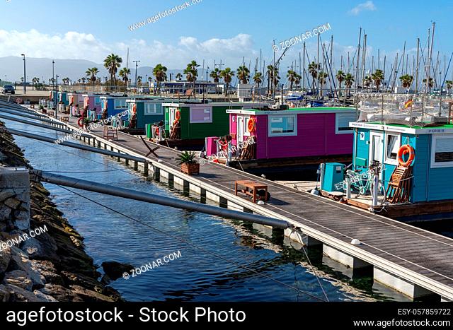 La Linea de la Concepcion, Spain - 22 January 2020: colorful houseboats in the marina near Gibraltar