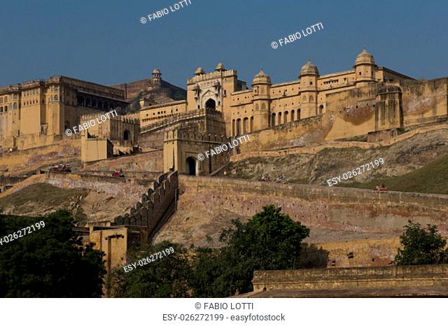 The Amber Fort, magnificent fortified palace near Jaipur, Rajasthan, India. This maharajah residence situated upon Maota Lake became in 2013 Unesco world...