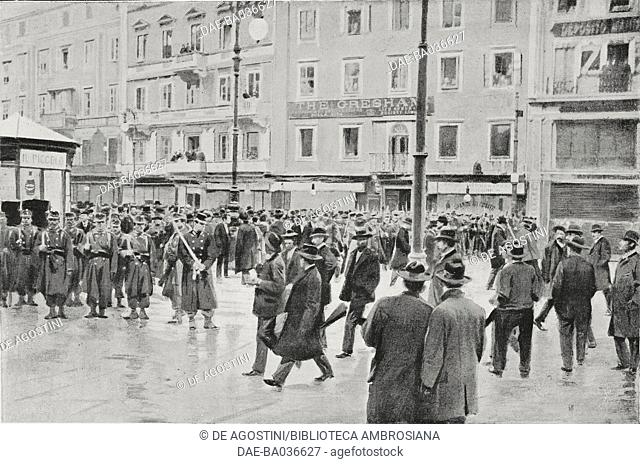 Public security forces in Piazza della Borsa during the general strike, February 14, 1902, Trieste, Italy, from L'illustrazione Italiana, Year XXIX, No 8