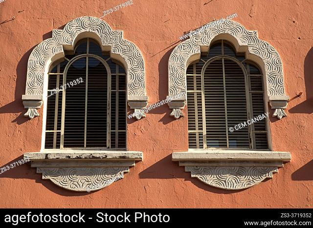 View to the windows of a colonial building at the historic center, Puebla, Puebla State, Mexico, Central America