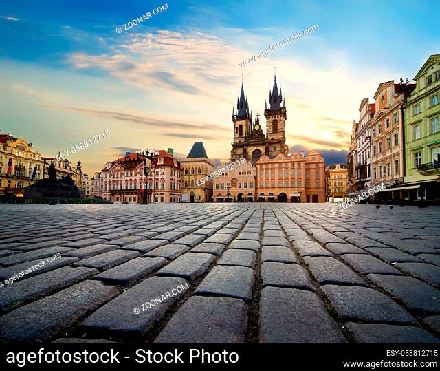 Staromestska square and Tynsky Temple in Prague at sunrise